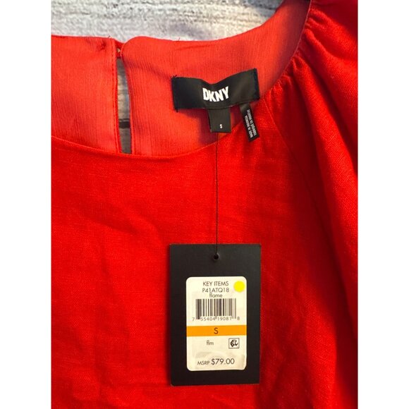 NWT DKNY Red Flame Linen Puff Sleeve Blouse Size S - Picture 2 of 4